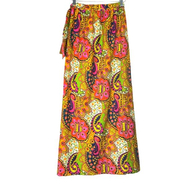 Vintage Maxi Skirt 1960s Paisley Bright Colors Pink Yellow S - Picture 2 of 11